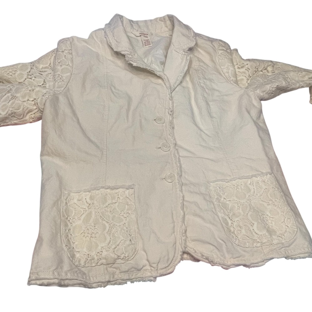 Sundance‎ Cream Lace Trim Linen Cotton Blend Womens Jacket Blazer Size 16 Frayed